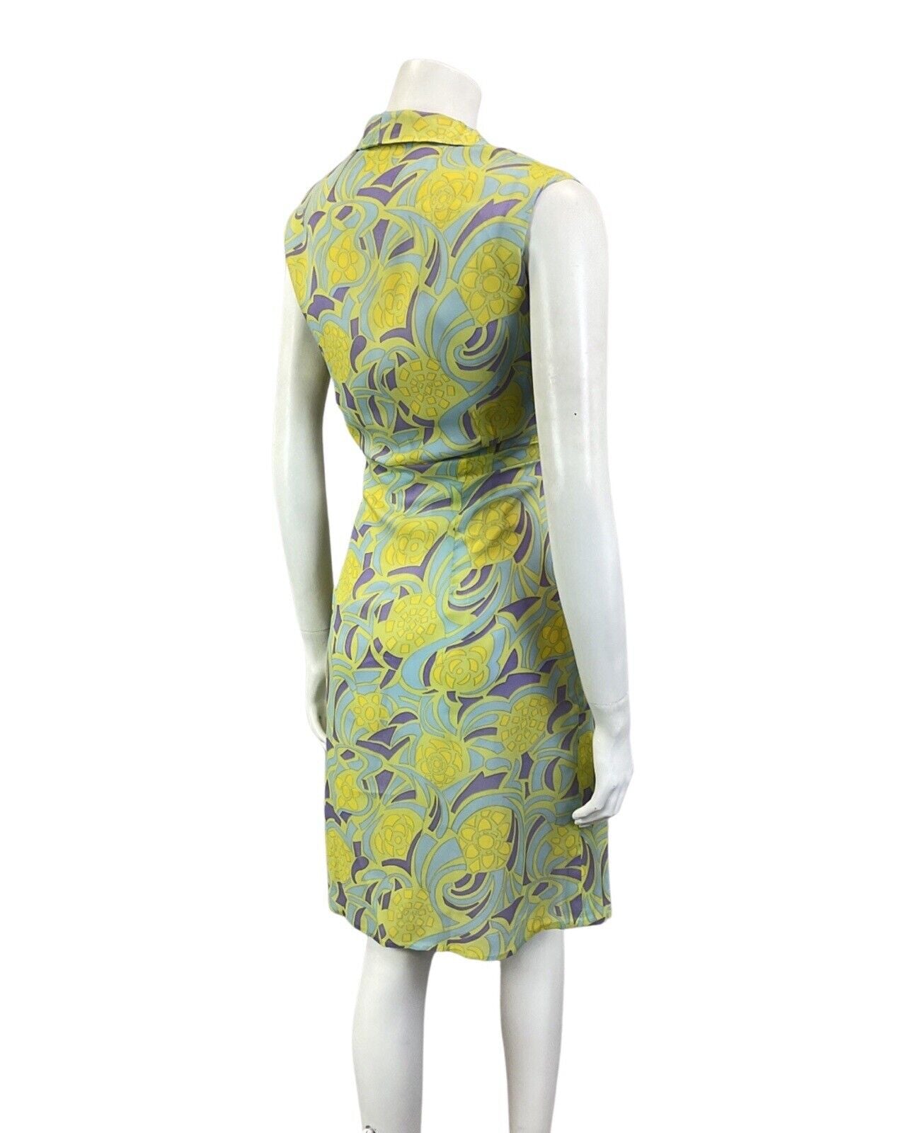 VINTAGE 60s 70s GREEN BLUE PURPLE GEOMETRIC PSYCHEDELIC SHIRT DRESS 12 14