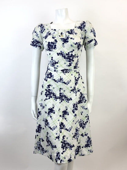 VINTAGE 60s 70s WHITE GREEN BLUE CHECKED FLORAL DITSY PUFF SLEEVE DRESS 12 14