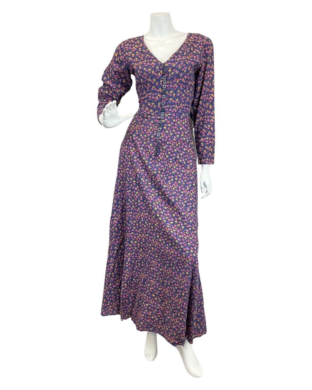 VINTAGE 60s 70s BLUE PINK YELLOW DITSY FLORAL PRAIRIE BOHO MAXI DRESS 10 12