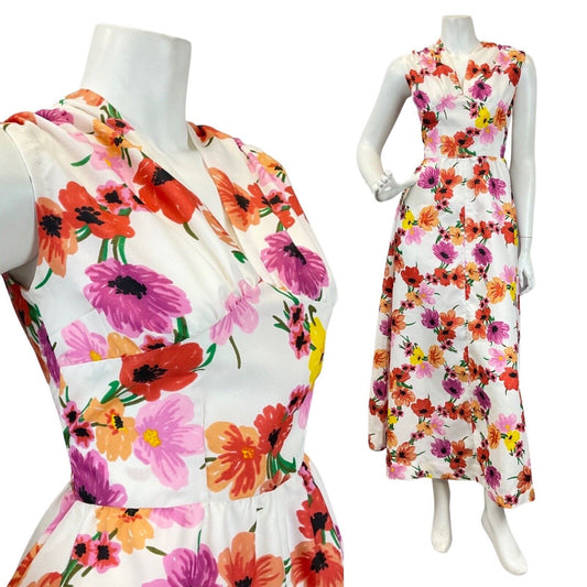 VINTAGE 60s 70s WHITE PURPLE RED FLORAL DAISY POPPY SLEEVELESS MAXI DRESS 8 10
