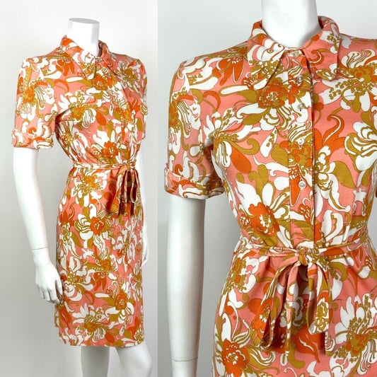VINTAGE 60s 70s CORAL ORANGE WHITE GOLD PSYCHEDELIC FLORAL DAGGER SHIRT DRESS 12
