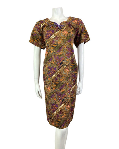VINTAGE 60s 70s PURPLE GREEN GOLD PSYCHEDELIC FLORAL PAISLEY TENT DRESS 12 14