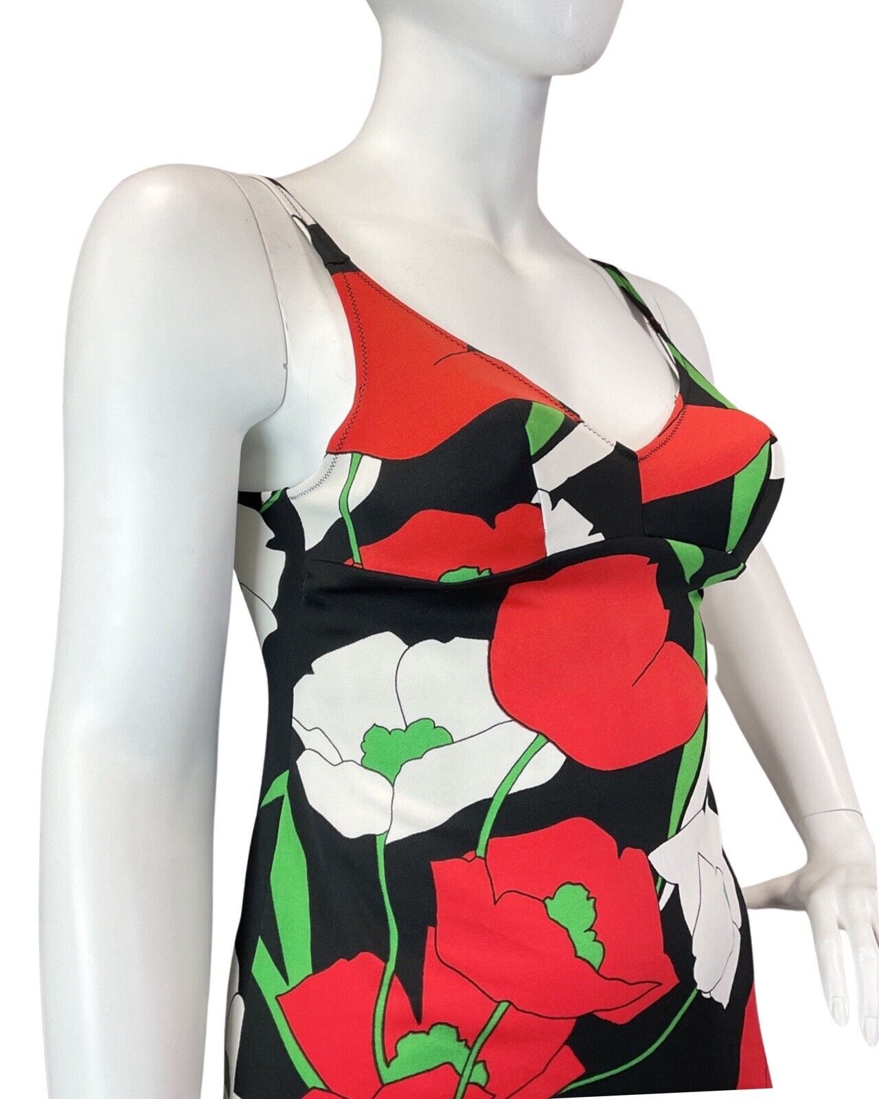 VINTAGE 60s 70s BLACK RED GREEN POPPY FLOWER STRAPPY SUN-DRESS 14