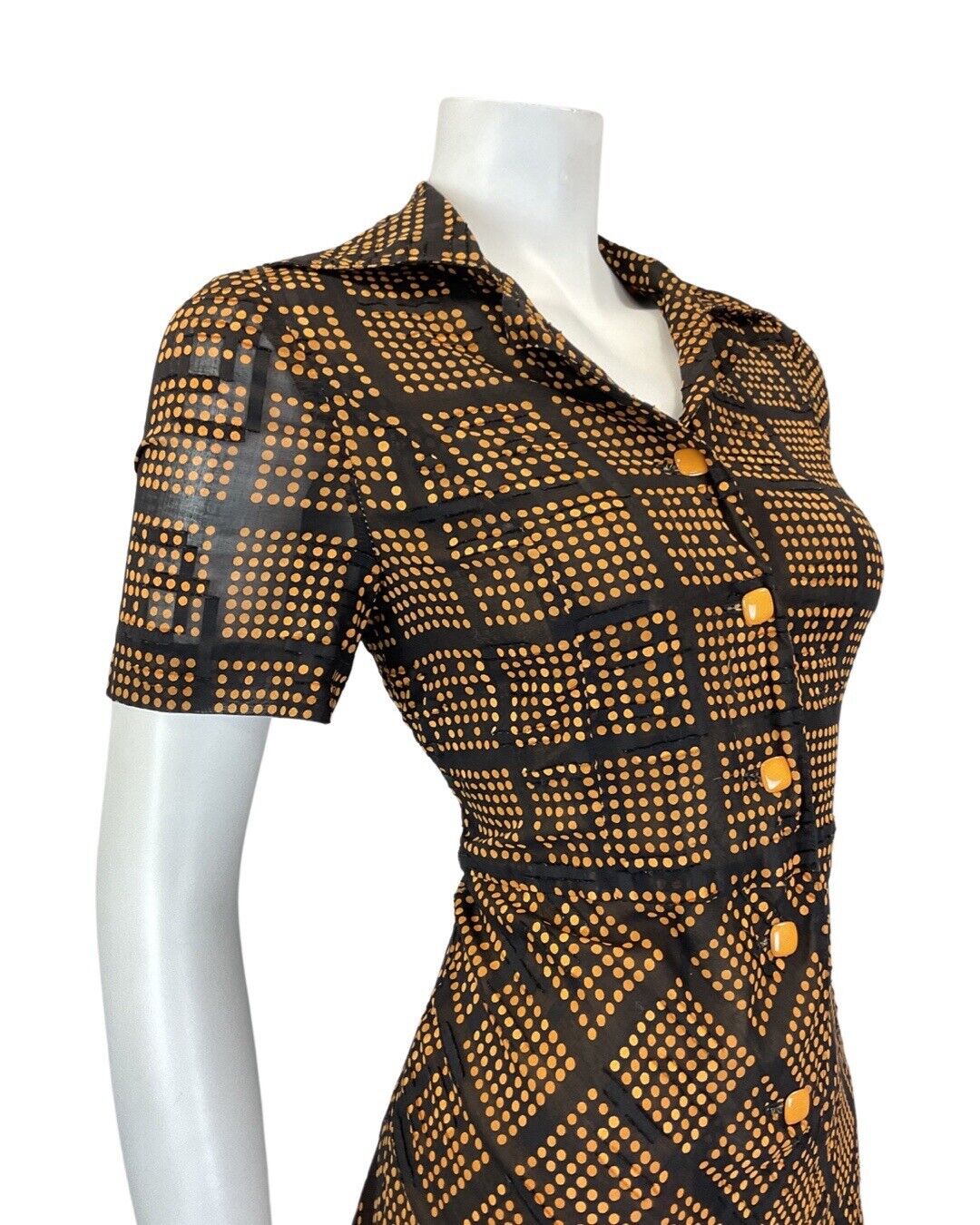 VINTAGE 60s 90s BLACK ORANGE DOTTY GRID CHECKED DAGGER COLLAR MOD SHIRT DRESS 10