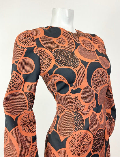 VINTAGE 60s 70s BURNT ORANGE BLACK PSYCHEDELIC CIRCLE MOD RUFFLE DRESS 8