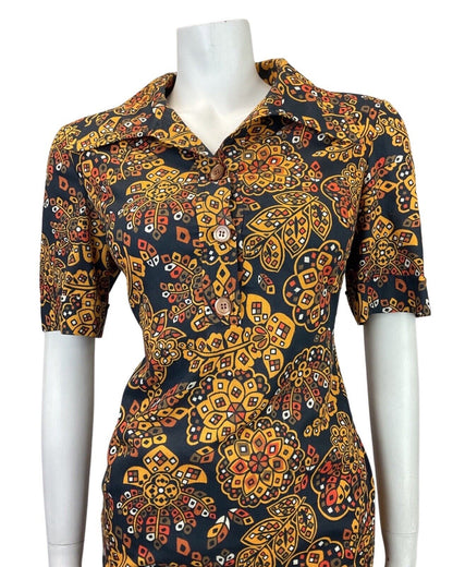 VINTAGE 60s 70s BLACK YELLOW ORANGE PSYCHEDELIC GEOMETRIC FLORAL SHIRT DRESS 16