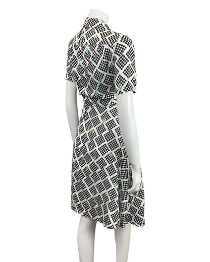 VINTAGE 60s 70s WHITE BLACK GREEN GEOMETRIC DOTTY WING COLLAR MOD SHIRT DRESS 8
