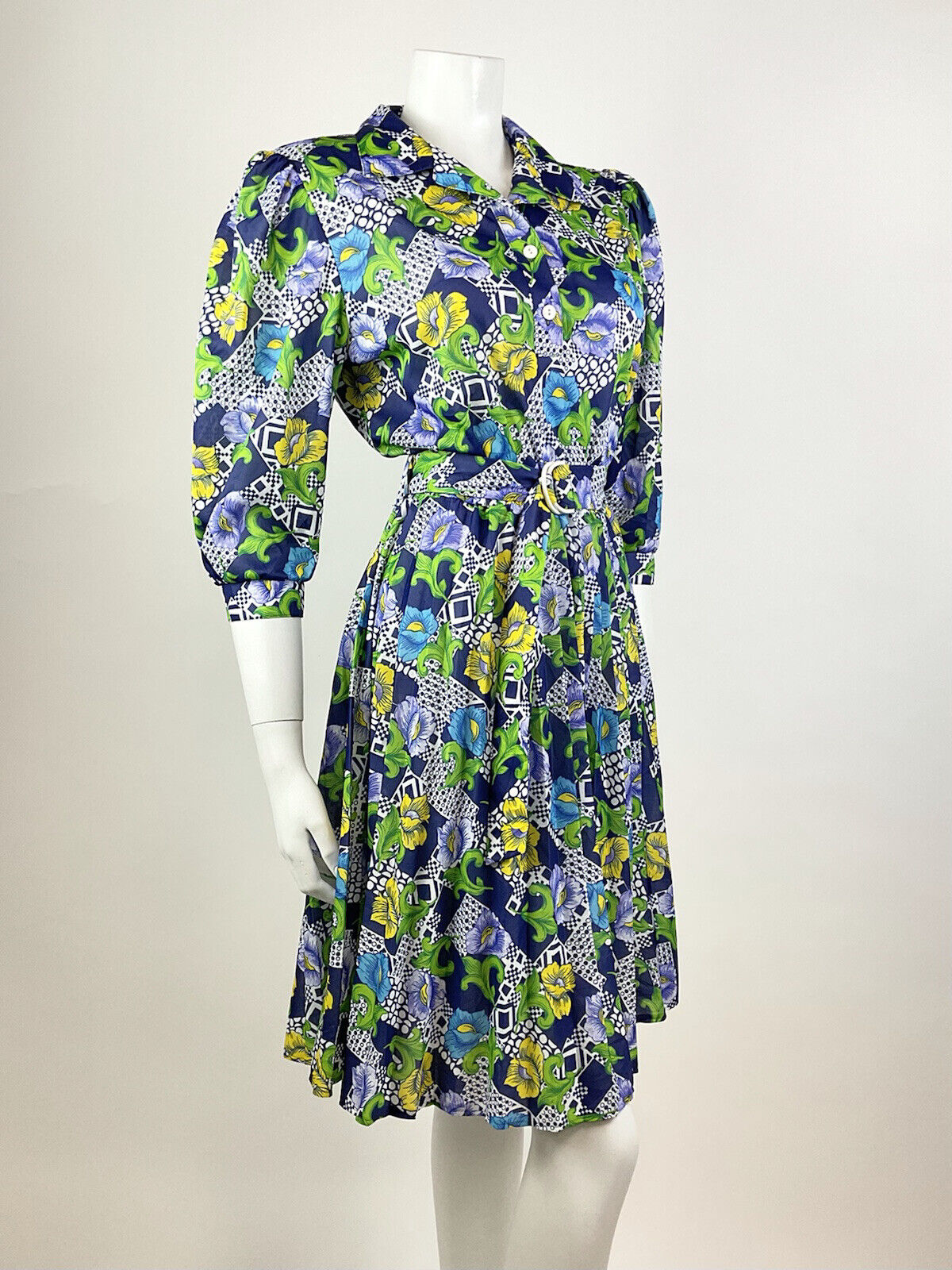 VINTAGE 70s BLUE GREEN YELLOW WHITE PSYCHEDELIC FLORAL BLOUSON SWING DRESS 10 12