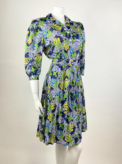 VINTAGE 70s BLUE GREEN YELLOW WHITE PSYCHEDELIC FLORAL BLOUSON SWING DRESS 10 12