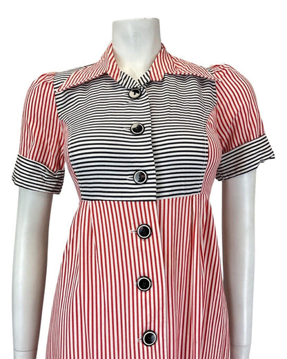 VINTAGE 60s 70s RED WHITE BLACK STRIPED BELTED MOD DAGGER MIDI SHIRT DRESS 8 10
