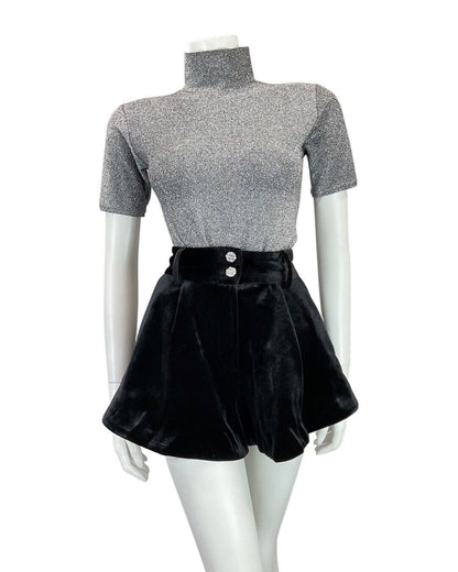 VINTAGE 70s SILVER GLITTER HIGH-NECK SHORT SLEEVE FITTED LUREX BLOUSE TOP 6 8