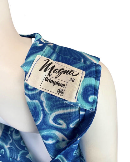 VINTAGE 60s 70s BLUE WHITE PSYCHEDELIC SWIRL MOD SLEEVELESS DRESS 10 12