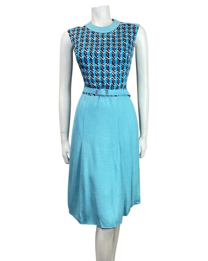 VINTAGE 60s 70s BLUE NAVY WHITE STRIPED ZIG-ZAG MOD BELTED DRESS 10 12