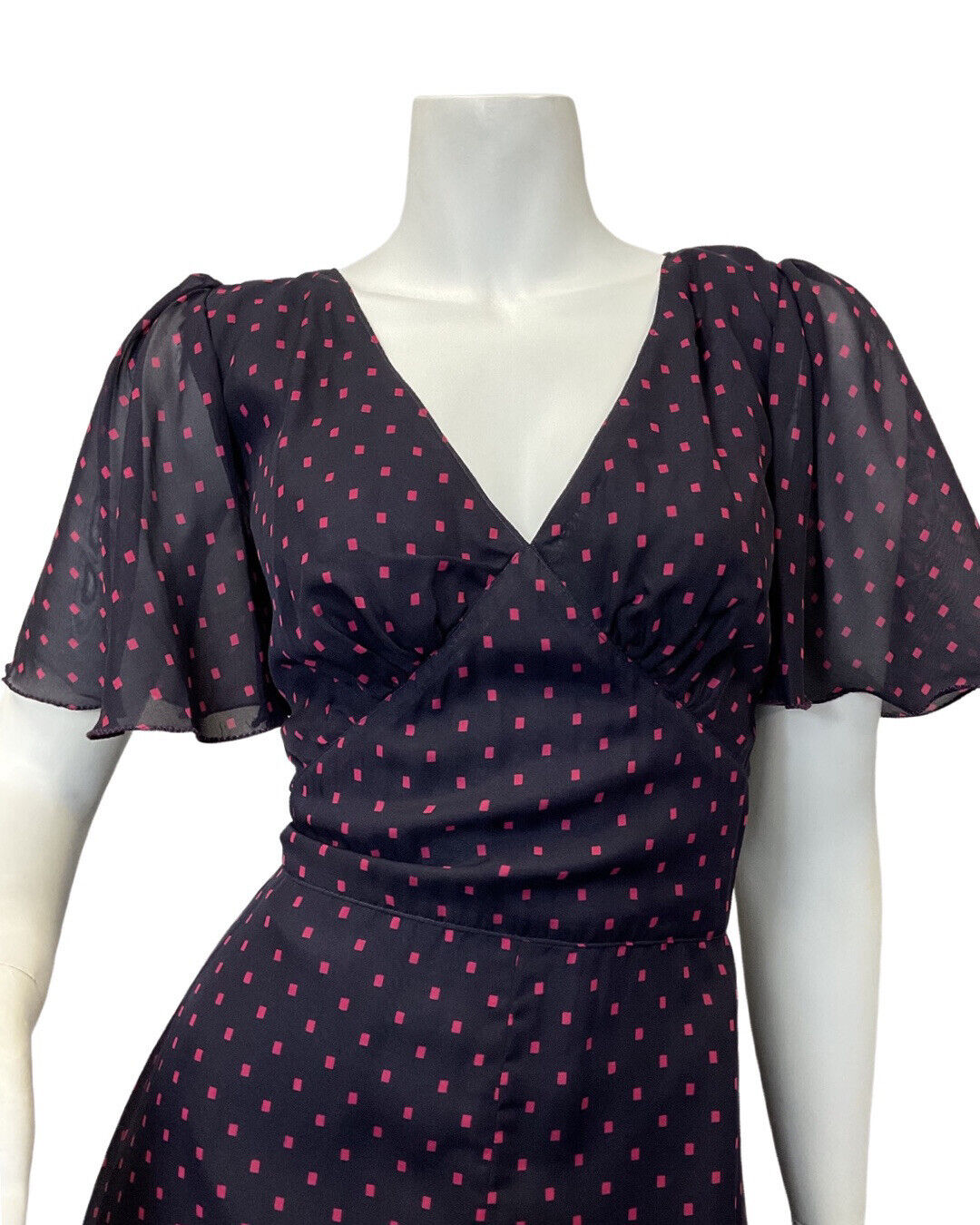 VINTAGE 60s 70s NAVY BLUE PINK SQUARE POLKA-DOT SHEER GOWN MAXI DRESS 10 12