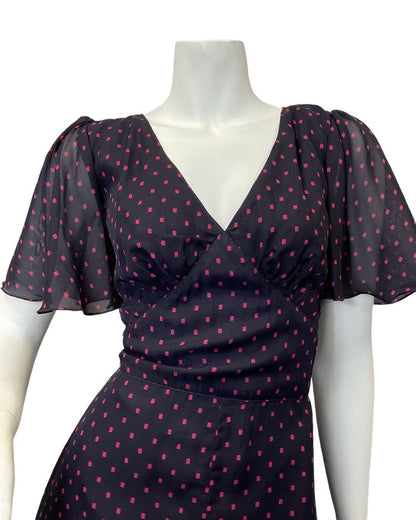 VINTAGE 60s 70s NAVY BLUE PINK SQUARE POLKA-DOT SHEER GOWN MAXI DRESS 10 12