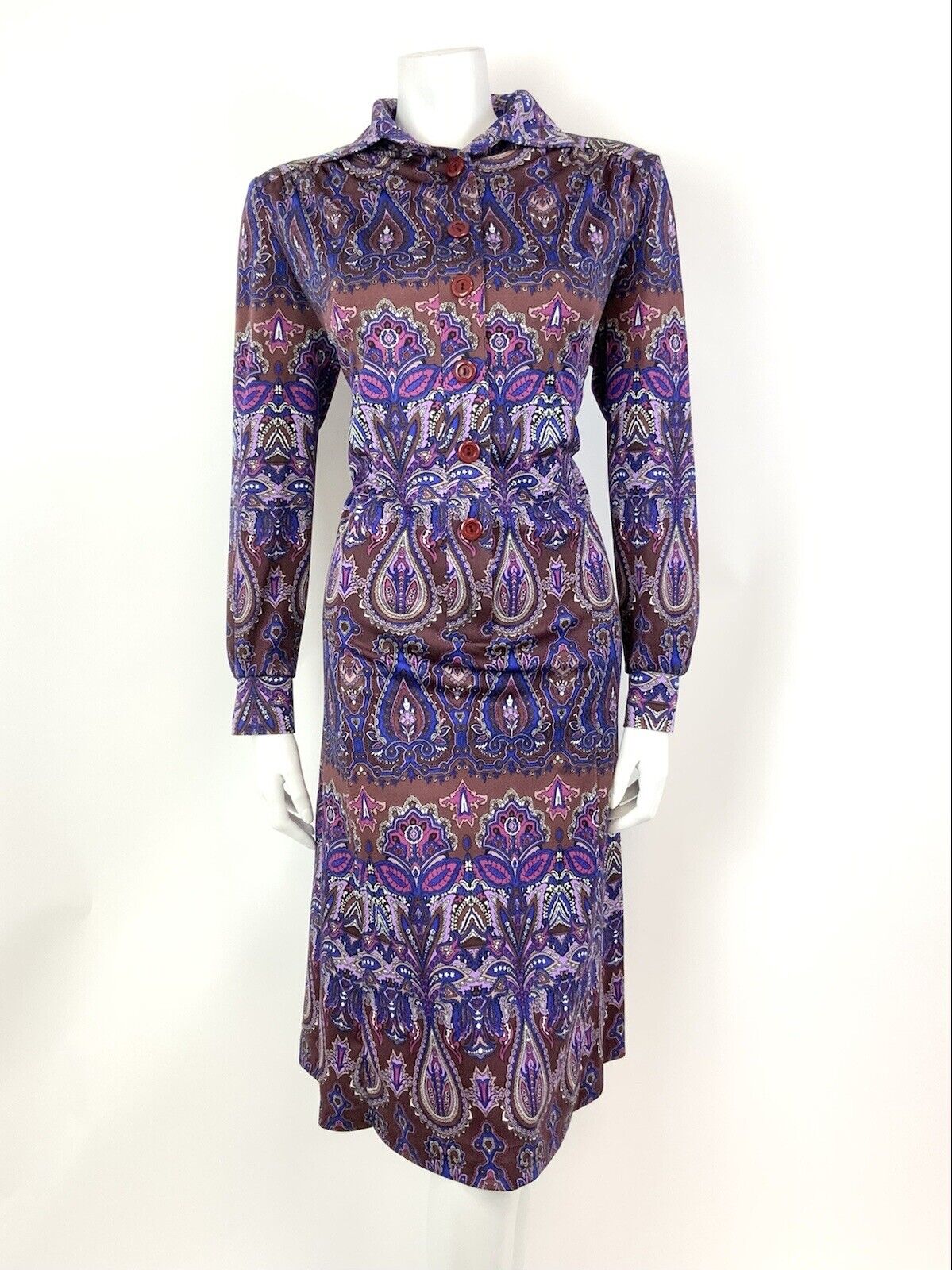 VTG 60s 70s PURPLE BROWN BLUE PSYCHEDELIC FLORAL DAGGER SHIRT DRESS 16 18