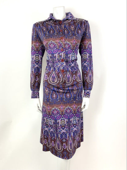VTG 60s 70s PURPLE BROWN BLUE PSYCHEDELIC FLORAL DAGGER SHIRT DRESS 16 18