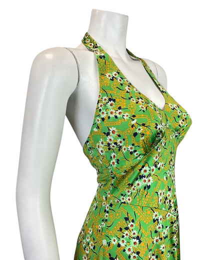 VINTAGE 60s 70s GREEN YELLOW BLUE FLORAL HAWAIIAN HALTER SUMMER SWING DRESS 8 10