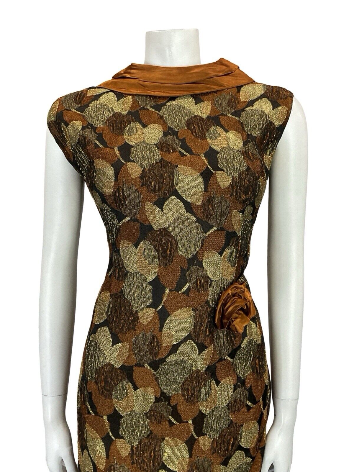 VTG 60S COPPER GOLD BLACK SATIN LEAF BROCADE PLUNGING BACK PARTY DRESS 12 14 M