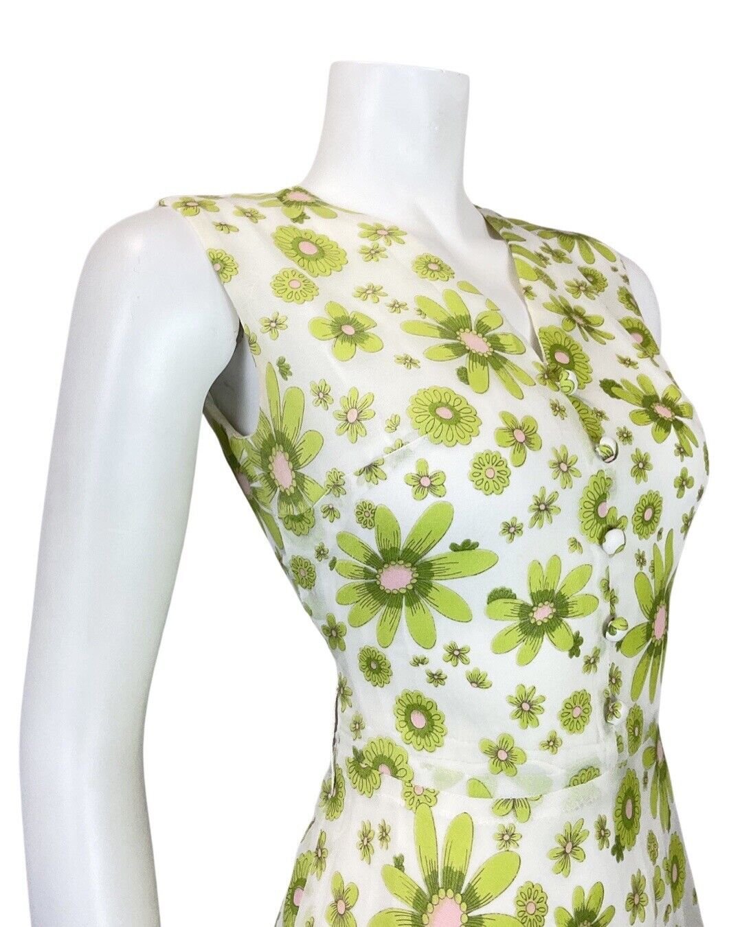 VINTAGE 60s 70s GREEN WHITE PINK FLORAL DAISY MOD SLEEVELESS SWING DRESS 8 10