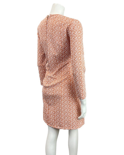 VINTAGE 60s 70s PEACH ORANGE WHITE SWIRL LONG-SLEEVE MOD SHORT DRESS 14 16