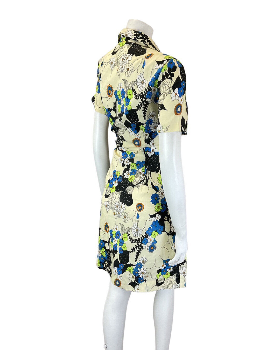 VINTAGE 60s 70s CREAM BLUE BLACK PSYCHEDELIC FLOWER MOD SHIRT DRESS 10 12