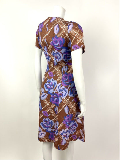 VINTAGE 60s 70s BROWN BLUE PURPLE CHECKED PIXEL FLORAL PSYCHEDELIC DRESS 12 14