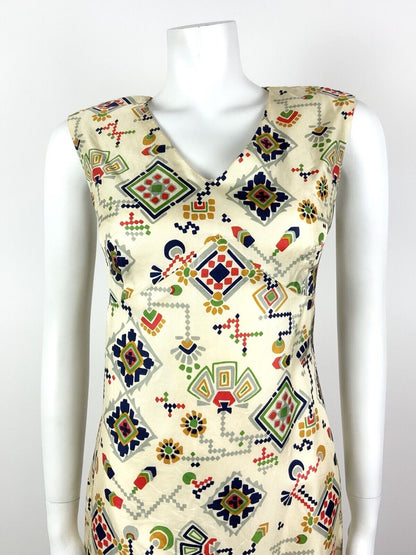VINTAGE 60s 70s CREAM BLUE RED GREEN AZTEC FLORAL GEOMETRIC MOD DRESS 12 14