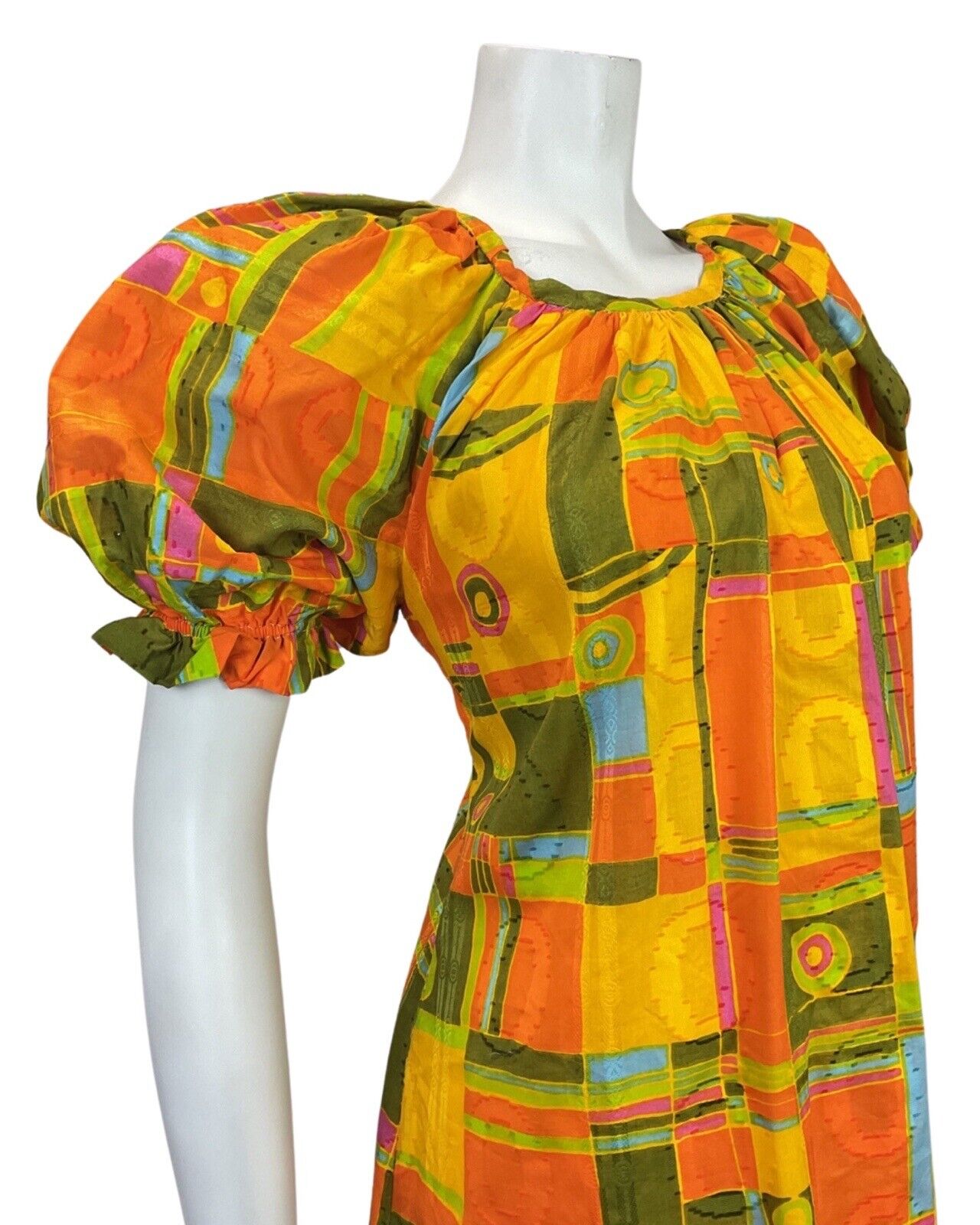 VINTAGE 60s 70s YELLOW GREEN ORANGE GEOMETRIC PUFF SLEEVE TENT DRESS 12 14