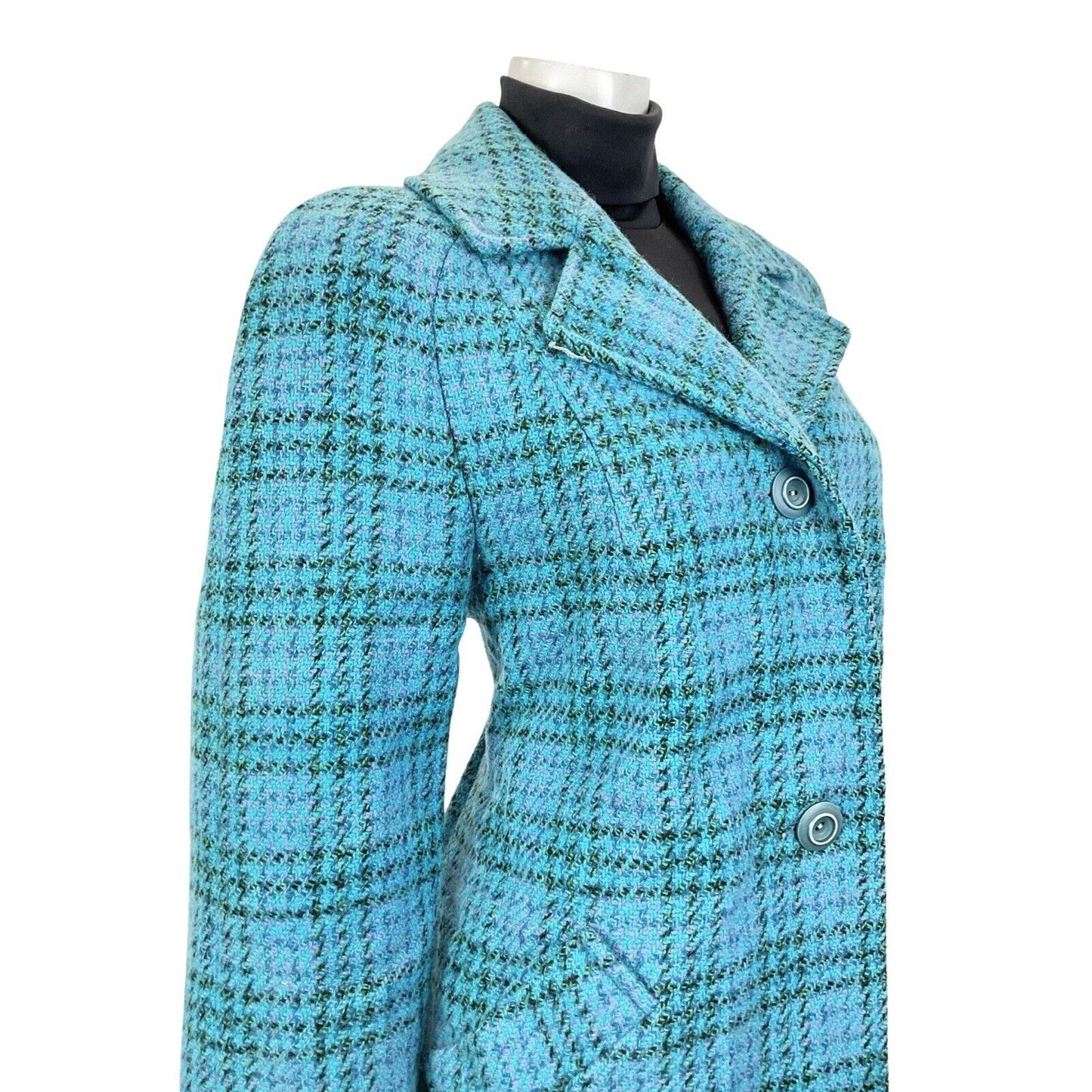 VINTAGE 60s 70s TEAL BLUE PURPLE GREEN PLAID CHECKED MOD WOOL COAT 14
