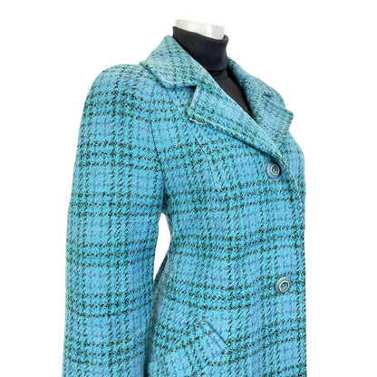 VINTAGE 60s 70s TEAL BLUE PURPLE GREEN PLAID CHECKED MOD WOOL COAT 14
