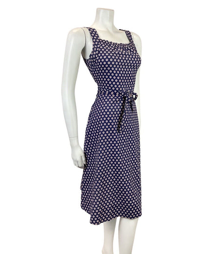 VINTAGE 60s 70s BLUE WHITE RED POLKA-DOT DAISY FLOWER STRAPPY SUN DRESS 8