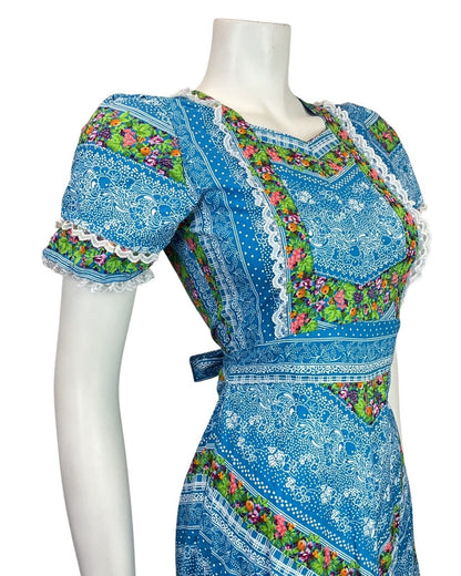 VINTAGE 70s BLUE GREEN WHITE FLORAL BERRY LACE DOTTY FOLK PRAIRIE BOHO DRESS 4