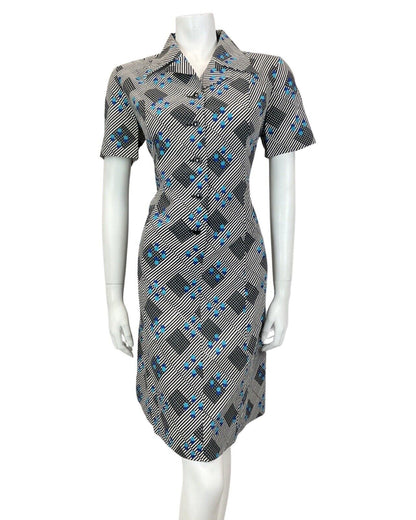 VINTAGE 60s 70s BLACK WHITE BLUE STRIPED GEOMETRIC MOD DAGGER SHIRT DRESS 12 14