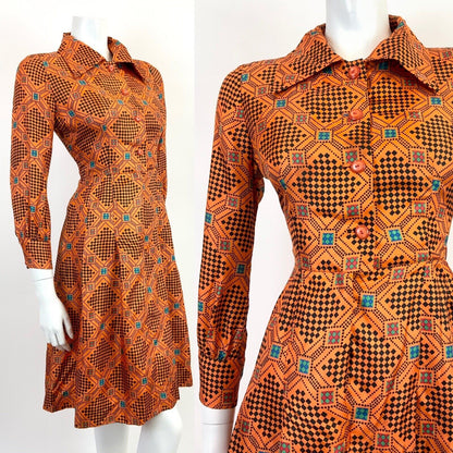 VINTAGE 60s 70s ORANGE BLACK GREEN RED CHECKERBOARD GEOMETRIC DAGGER SHIRT 8 10