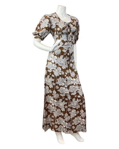 VINTAGE 60s 70s BROWN WHITE FLORAL ROSE BOHO PUFF SLEEVE MAXI DRESS 10 12