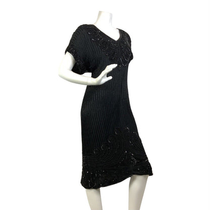 VINTAGE 70s 80s BLACK SEQUIN BEADED FLAPPER STYLE DISCO GLAM PARTY DRESS 14