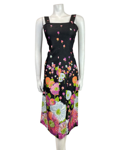 VINTAGE 60s 70s BLACK PINK GREEN FLORAL GERBERA SLEEVELESS SUMMER DRESS 8