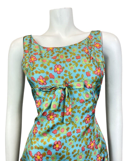 VINTAGE 60s 70s BLUE GREEN GOLD RED FLORAL DAISY EMPIRE-LINE SUMMER SUN DRESS 8