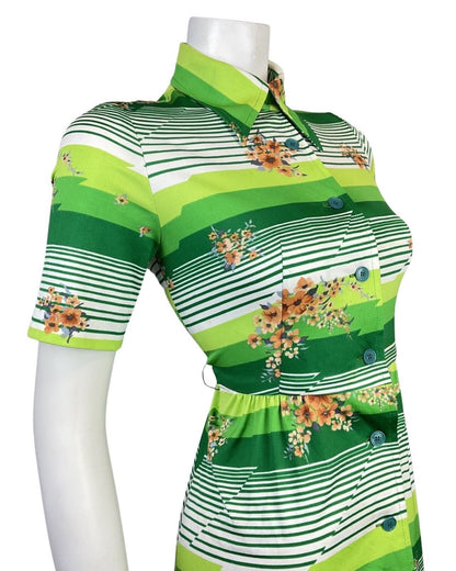 VINTAGE 60s 70s GREEN WHITE ORANGE STRIPED FLORAL MOD DAGGER SHIRT DRESS 8 10