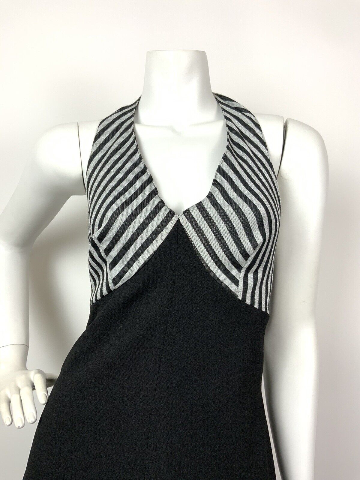 VINTAGE 60s 70s SILVER METALLIC BLACK STRIPED HALTER STUDIO 54 GLAM MAXI DRESS 6