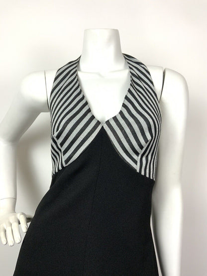 VINTAGE 60s 70s SILVER METALLIC BLACK STRIPED HALTER STUDIO 54 GLAM MAXI DRESS 6