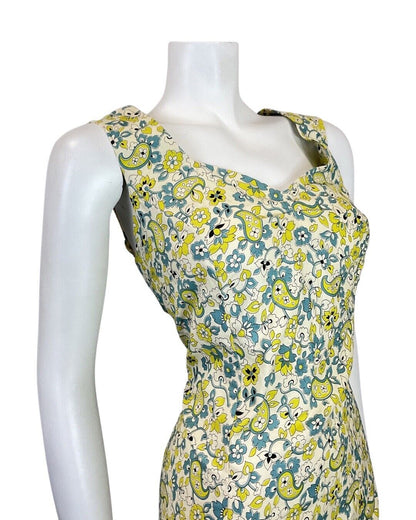 VINTAGE 60s 70s YELLOW BLUE WHITE PSYCHEDELIC FLORAL PAISLEY SLEEVELESS DRESS 14
