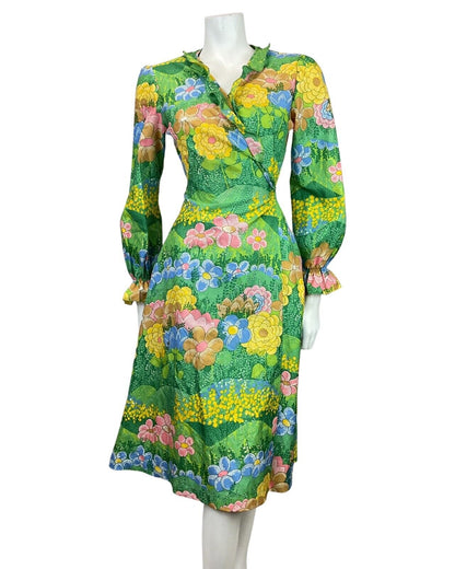 VINTAGE 60s 70s GREEN BLUE YELLOW PSYCHEDELIC FLORAL GARDEN RUFFLE WRAP DRESS 10