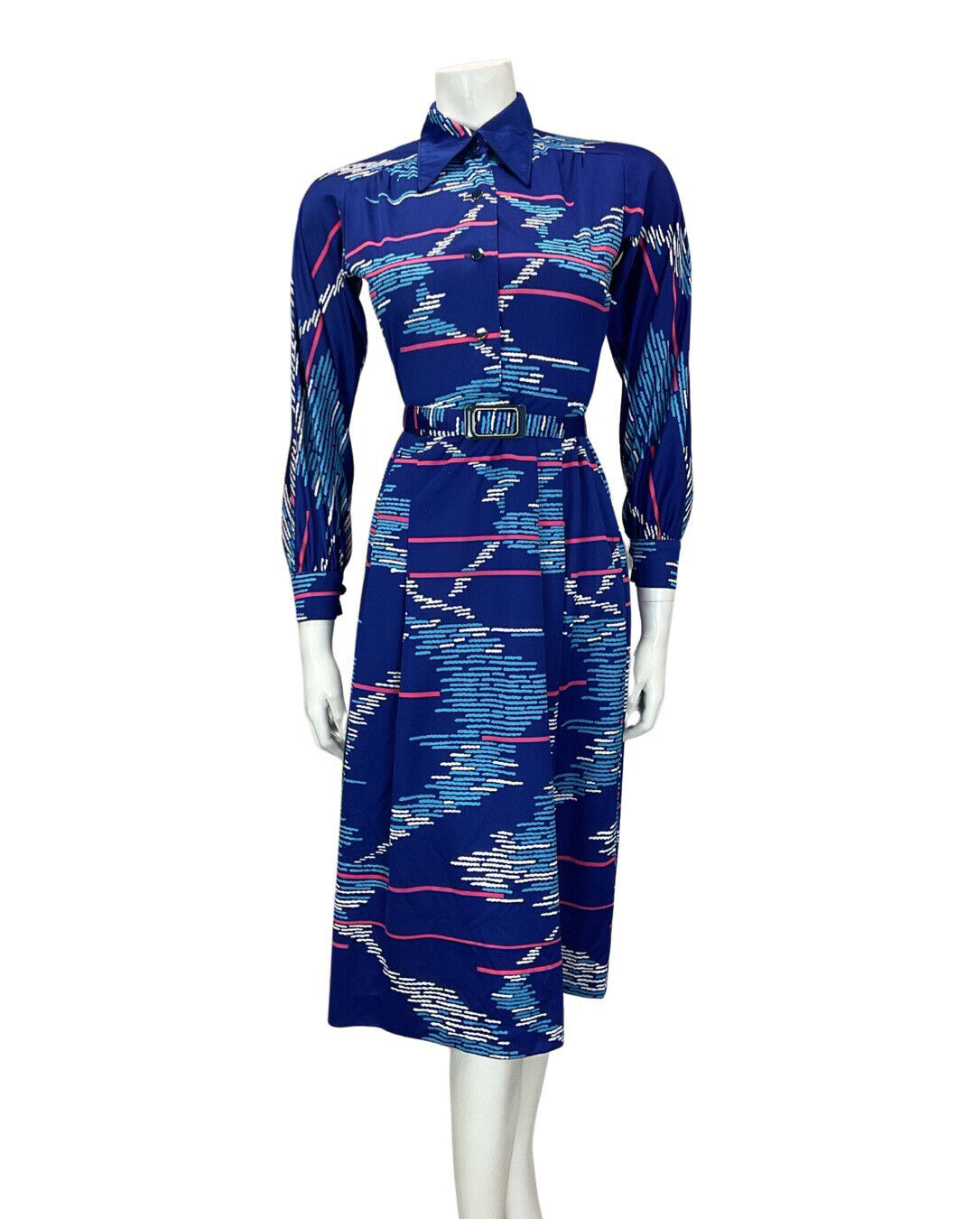 VINTAGE 60s 90s ROYAL BLUE PINK STRIPED GEOMETRIC MOD DAGGER SHIRT DRESS 8