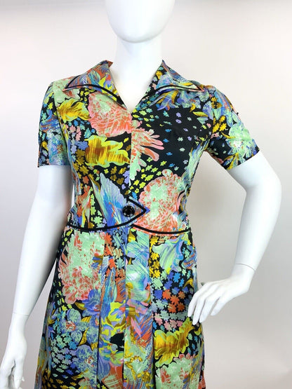 VINTAGE 60s 70s BLACK MULTICOLOURED PSYCHEDELIC ACID FLORAL LEAFY SHIRT DRESS 18