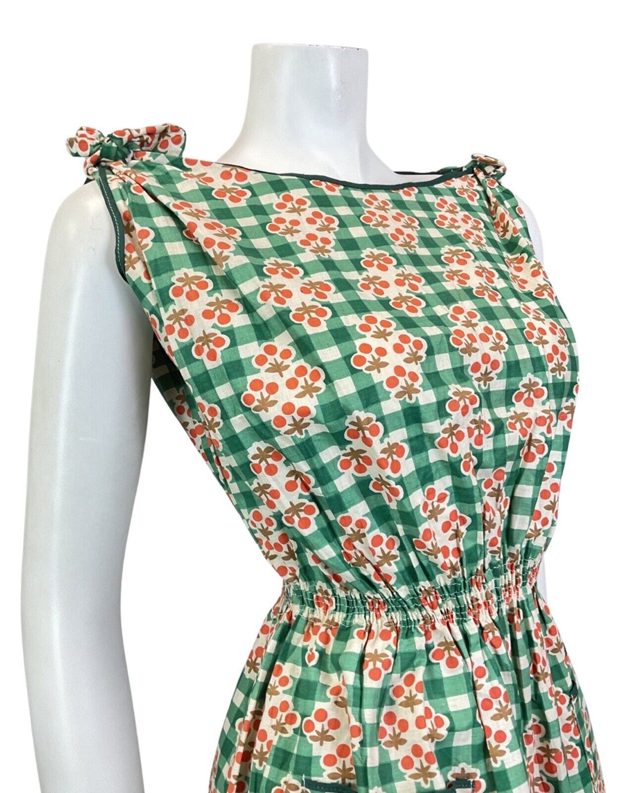 VINTAGE 60s 90s GREEN WHITE ORANGE GINGHAM CHECKED BERRY MOD SUMMER DRESS 10