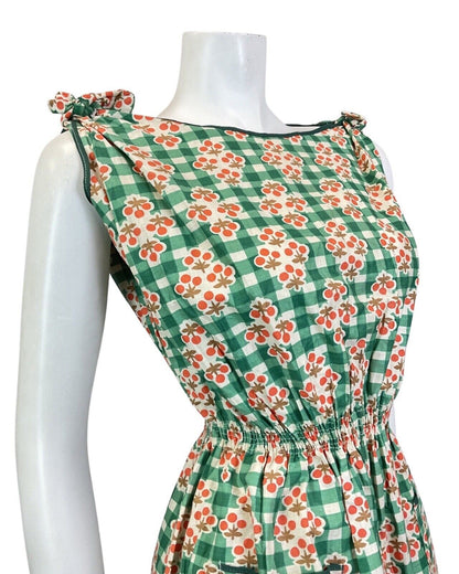 VINTAGE 60s 90s GREEN WHITE ORANGE GINGHAM CHECKED BERRY MOD SUMMER DRESS 10