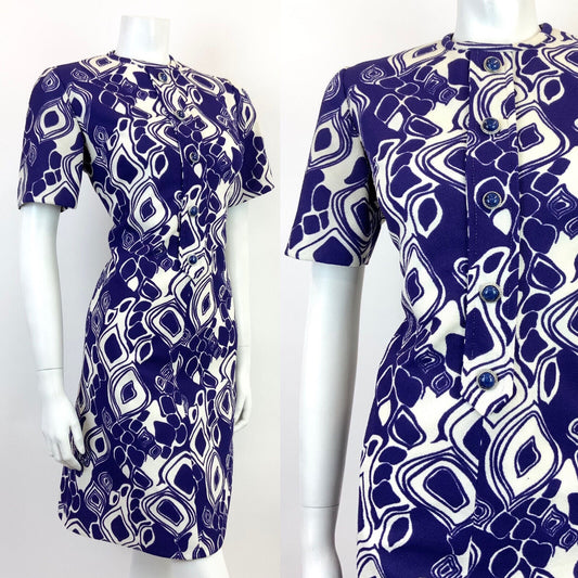 VINTAGE 60s 70s VIOLET PURPLE WHITE PSYCHEDELIC GEOMETRIC MOD SHORT DRESS 10 12