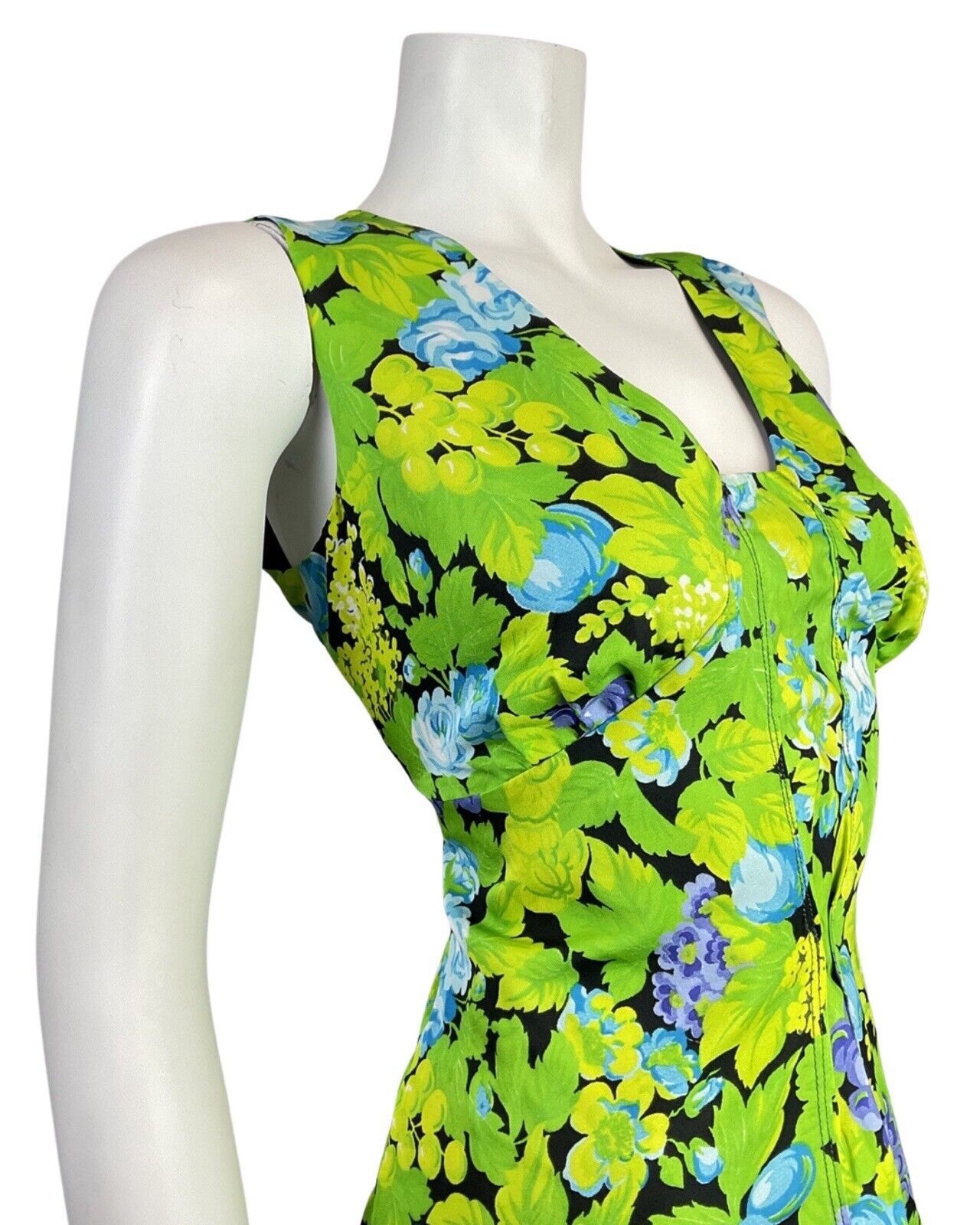 VINTAGE 60s 70s GREEN BLACK BLUE FLORAL GRAPES SLEEVELESS SUMMER DRESS 10 12